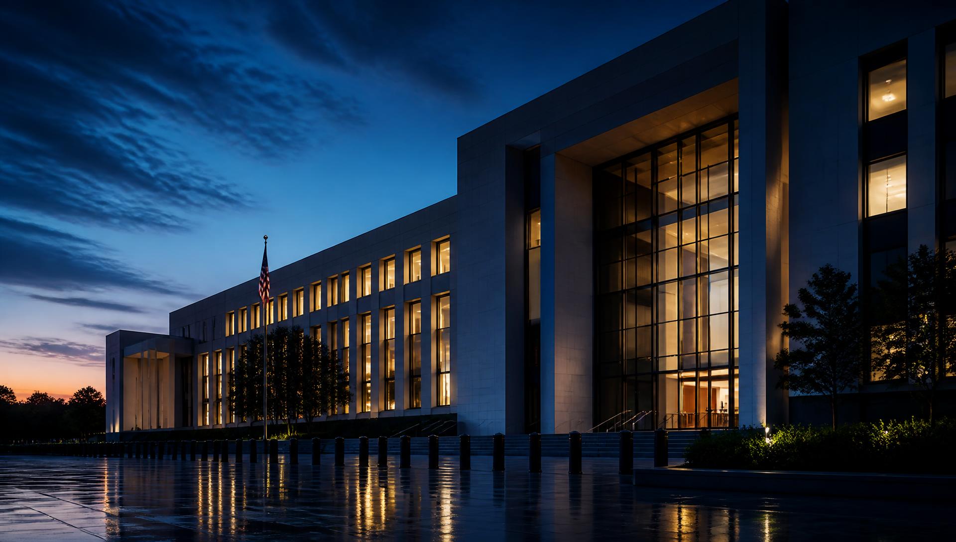 Modern office building at dusk
